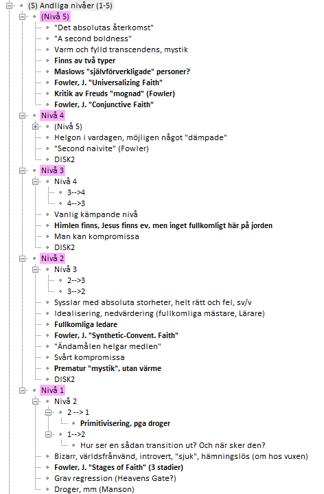 Maskingenererad alternativ text:
• (S) Andliga nivåer (1-5)
• (Nivå 5)
• "Det absolutas Sterkomst"
• "A second boldness"
• Varm och fylld transcendens, mystik
• Finns av två typer
• Maslows " självförverkligade" personer?
Fowler, J. " Universalizing Faith"
Kritik av Freuds " mognad" (Fowler)
Fowler, J. "Conjunctive Faith"
E • Nivå #
• (Nivå 5)
Helgon i vardagen, möjligen "got "dämpade"
• "Second naivite" (Fcnwler)
• DISK2
• Nivå 3
Nivå 4
4-03
• Vanlig kÉmpande nivå
Himlen finns, Jesus finns ev, men inget fullkomligt här på jorden
Man kan kompromissa
• DISK2
• Nivå 2
Nivå 3
Syss ar med absoluta storheter, helt rätt och fel, sv/v
Idealisering, nedvÉrdering (fullkomliga mästare, Lärare
Fullkomliga ledare
Fowler, J. "Synthetic-Convent. Faith"
• "AndamSIen helgar medlen"
Svårt kompromissa
Prematur " mystik" , utan värme
• DISK2
• NIVå1
Nivå 2
• Primitivisering, pga droger
Hur ser en sedan transition ut? Och nsr sker den?
• Bizarr, vÉrIdsfrSnvÉnd, intrcwert, "sjuk" hämningslös (om hos vuxen)
Fowler, J. "Stages of Faith" (3 stadier)
Grav regression (Heavens Gate?)
• Droger, mm (Manson) 