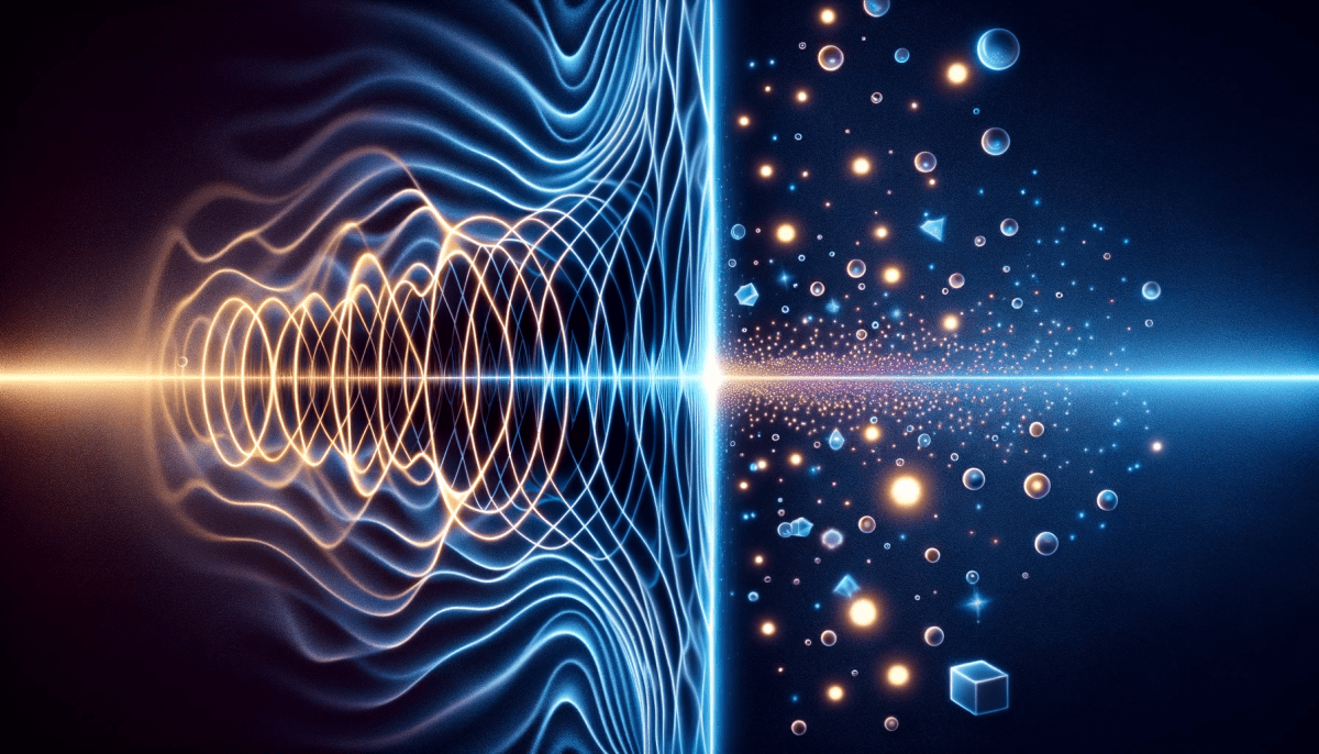DALLE 2023 12 26 222952 An illustration depicting the concept of wave particle duality in physics The image should show a split scene on one side a representation of light