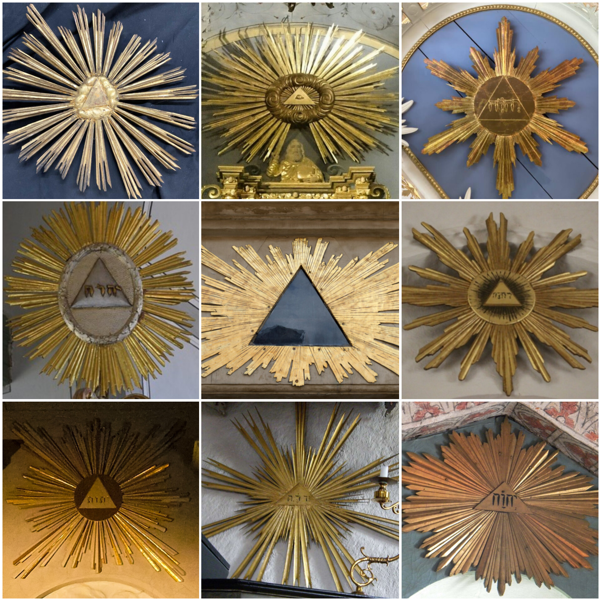 Collage med olika strålande trianglar i kyrkor